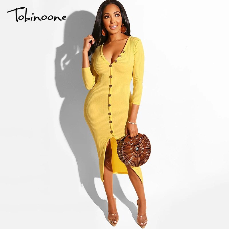 

Tobinoone Sexy Half Sleeve Button Split Dress Autumn Winter Deep V Neck Bodycon Pencil Dress Vintage Party Club Dress Vestidos