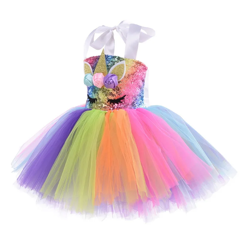 Для детей Хэллоуин Единорог костюм для девочек в виде радужного единорога, платье-пачка с повязкой на голову, платье принцессы, рукава в стиле «крылья для девочек в цветочек вечерние платья