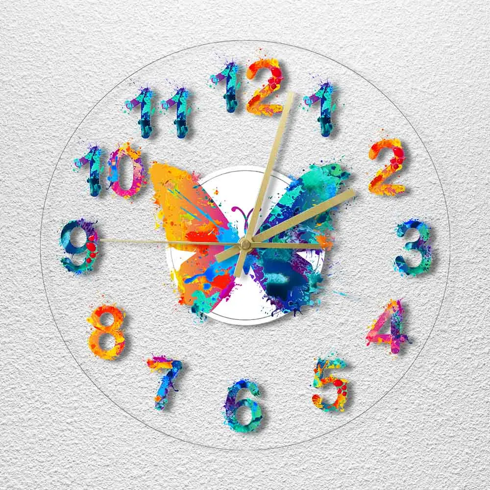 Современные настенные часы с разноцветными номерами, акварельная живопись бабочки, художественные Подвесные часы Giclee с изящным рисунком, бесшумные настенные часы