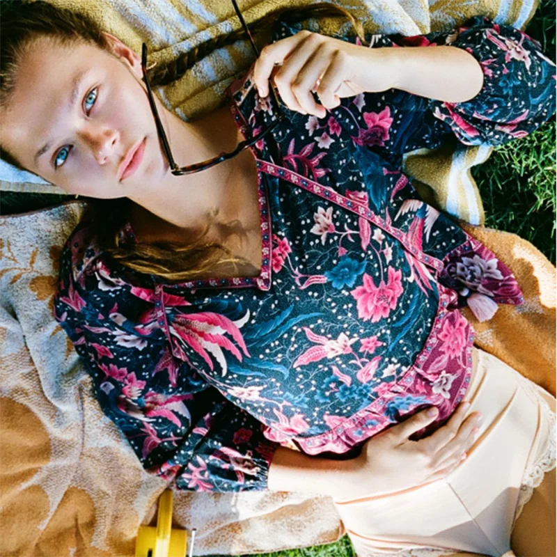 KHALEE YOSE Boho рубашка с цветочным рисунком на осень и лето блузы Ilona длинным рукавом