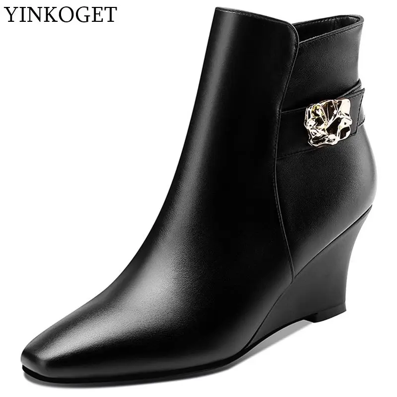 

ALLBITEFO high wedges genuine leather fashion ladies women boots metal decoration autumn winter ankle boots casual girl boots