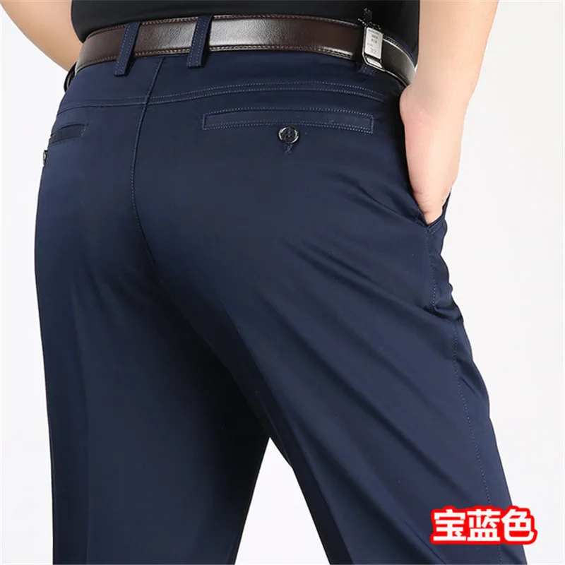 Royal blue Новые летние мужские повседневные брюки стрейч хлопок Высокая талия Свободные деловые прямые брюки тонкие мужские повседневные брюки среднего возраста - Цвет: Royal blue