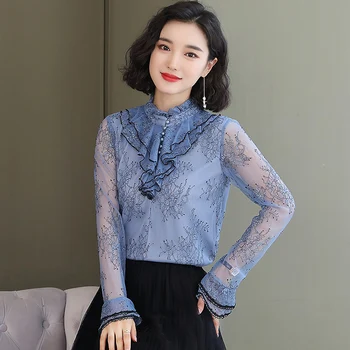 

Autumn women Ruffles Lace Tops Long sleeve women Hollow out Lace blouses woman hot red lace tops shirts