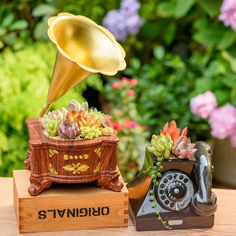 Resin Flower Pot for Succulent Plants, Desktop Potted Holder, Retro Telephone Model, Home Garden Decoration, Ornaments Gifts