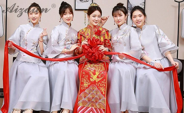 Серое винтажное платье подружки невесты Qi Pao, женское традиционное китайское платье, китайский халат, Современные платья для сестры, Qipao, акция, Халат