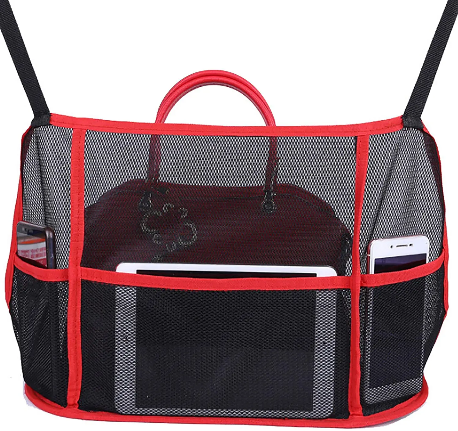 

Car Net Pocket Handbag Holder with 3 Side Bags Net Mesh Organizer Storage Pouch Pocket for Handbag Bag Documents Valuable Items