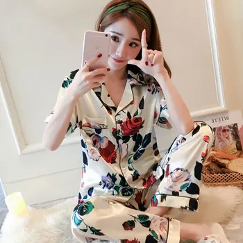 

Women European Style Silk Silky Satin Pajamas Two-Piece Set Women Casual Summer Silk Home Loungewear Sleepwear Pajamas For Women
