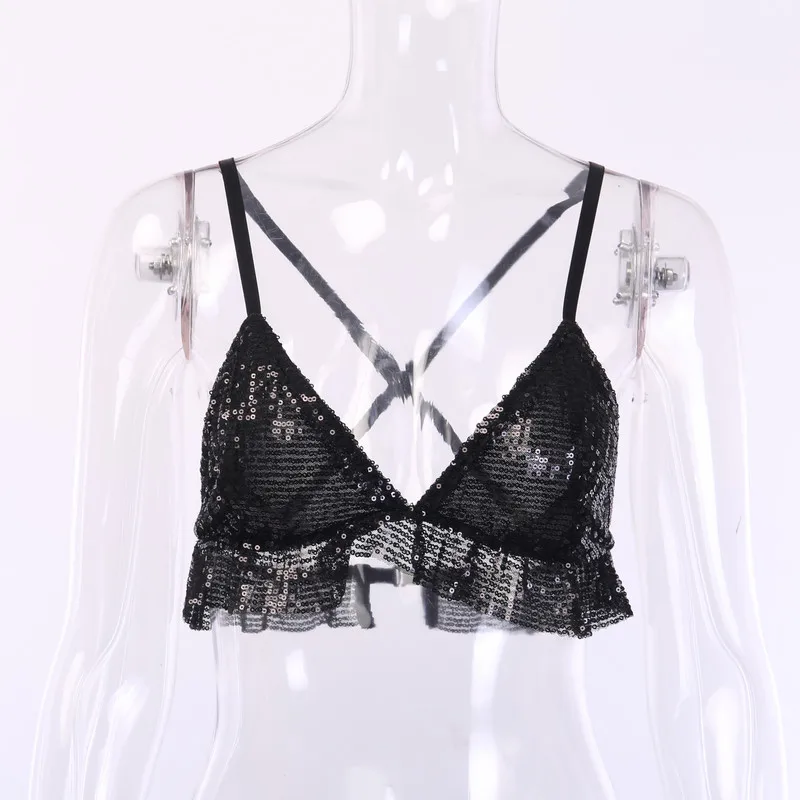 Women Sling Bralette Bra Sequin Crop Top Sexy Shiny Camisole sleeveless top women Ruffle Push Up Camis Women Clothing - Цвет: Черный
