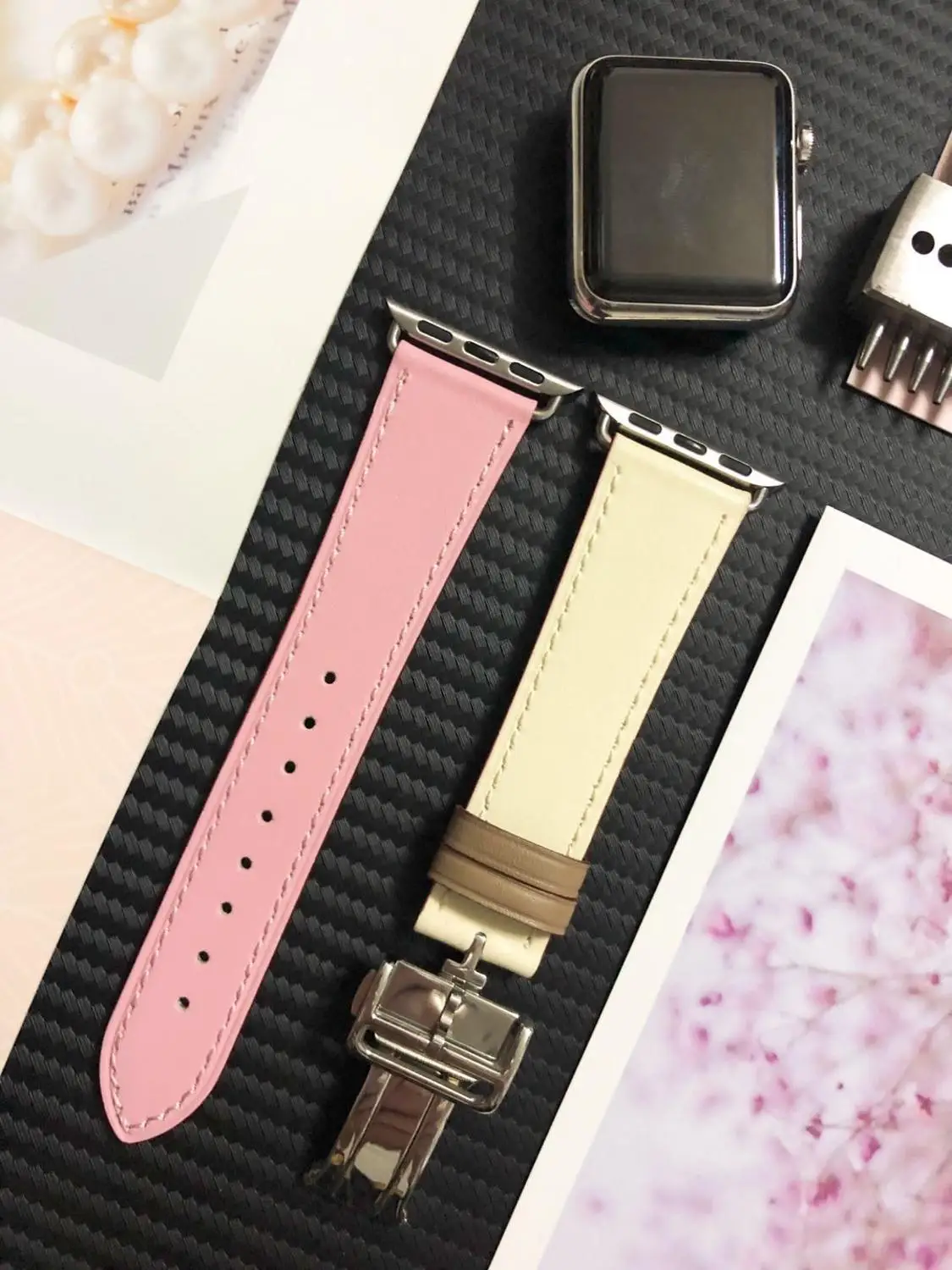 Итальянский ремешок из натуральной кожи для iWatch Apple Watch 5 4 3 2 38 мм 40 мм 42 мм 44 мм стальной ремешок с застежкой-бабочкой - Цвет ремешка: Pink rice white