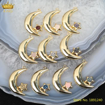 

5Pcs/Lot Plated Gold Copper Moon-Shape Pendant Paved Druzy Geode Agates Stars-Shape Beads Charms For Necklace Making HS-75KBAJ