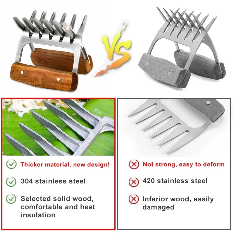 YOMEEI 2pcs BBQ Bear Claw Stainless Steel Bear Claw Wooden Handle Barbecue Fork BBQ Meats Splitter kitchen Cooking Tool