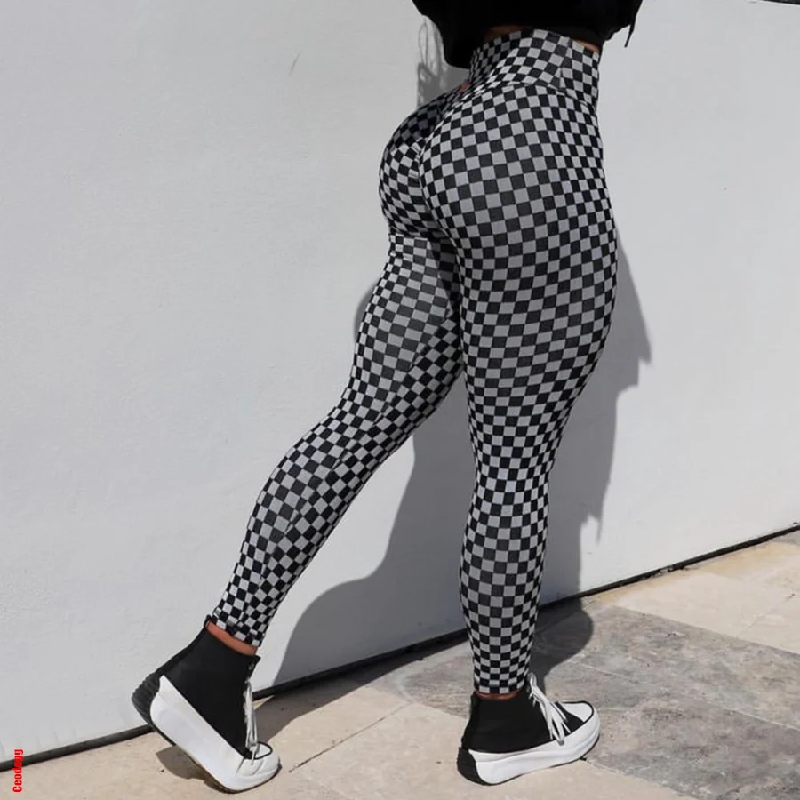 Yoga Leggings Women Sport Fitness Black And White Grid Scrunch Leggings Push Up High Waist Gym Tights Sexy Yoga Pants