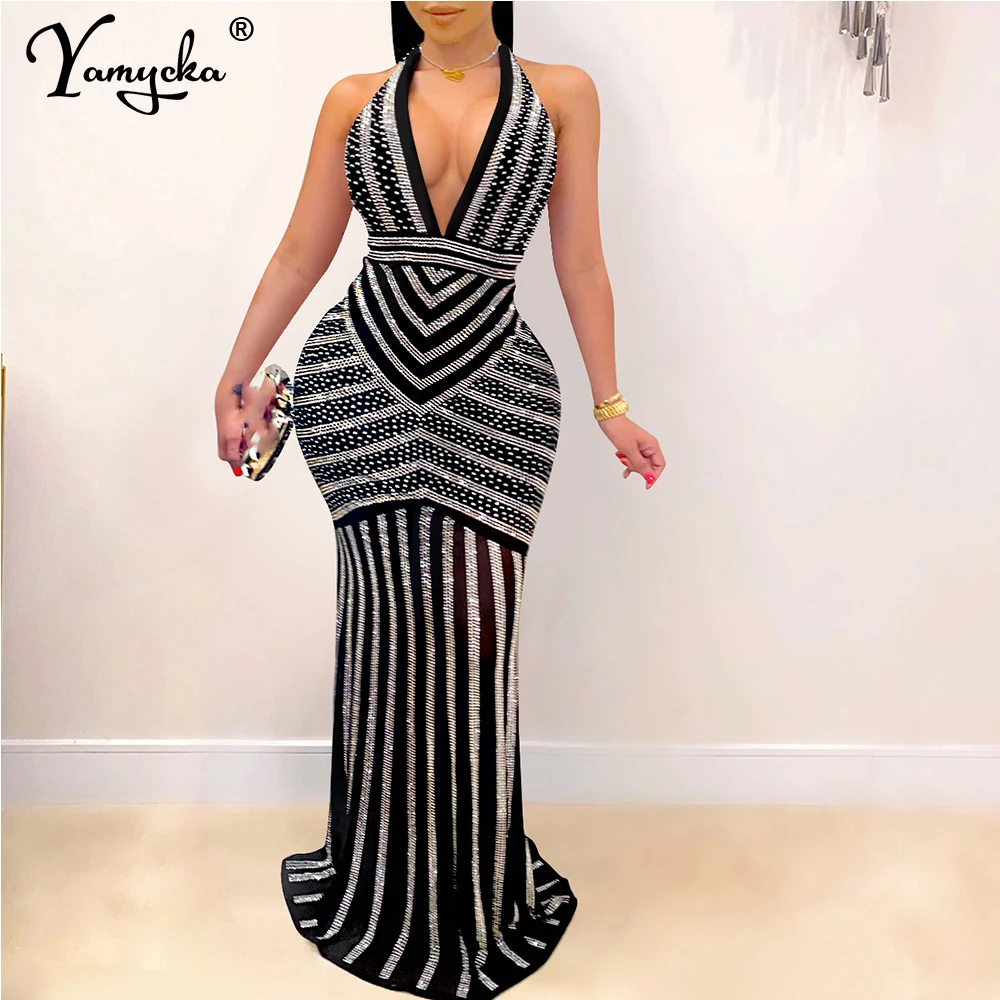 

Sexy See Through Rhinestone Black summer dress women backless bodycon Maxi club birthday party dress evening dresses vestidos