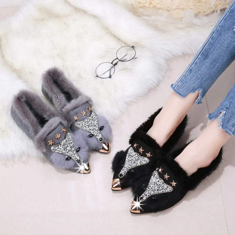 

New Fox Furry Boots womens Rhinestone Fur Shoes Women's Ankle Boots Pointed Flat Shoes Autumn Winter Black boots Shoes Women
