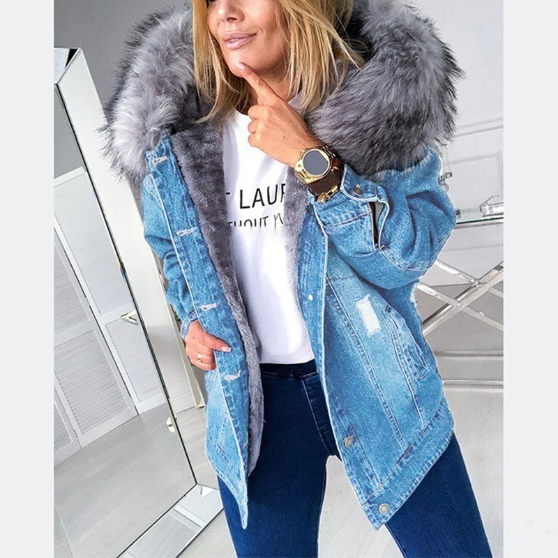 

Winter Jacket Women Denim Coats Fur Jacket Faux Hooded Jean Thick Long Sleeve Frayed Overcoat Plus Size Outwear Vintage Mujer