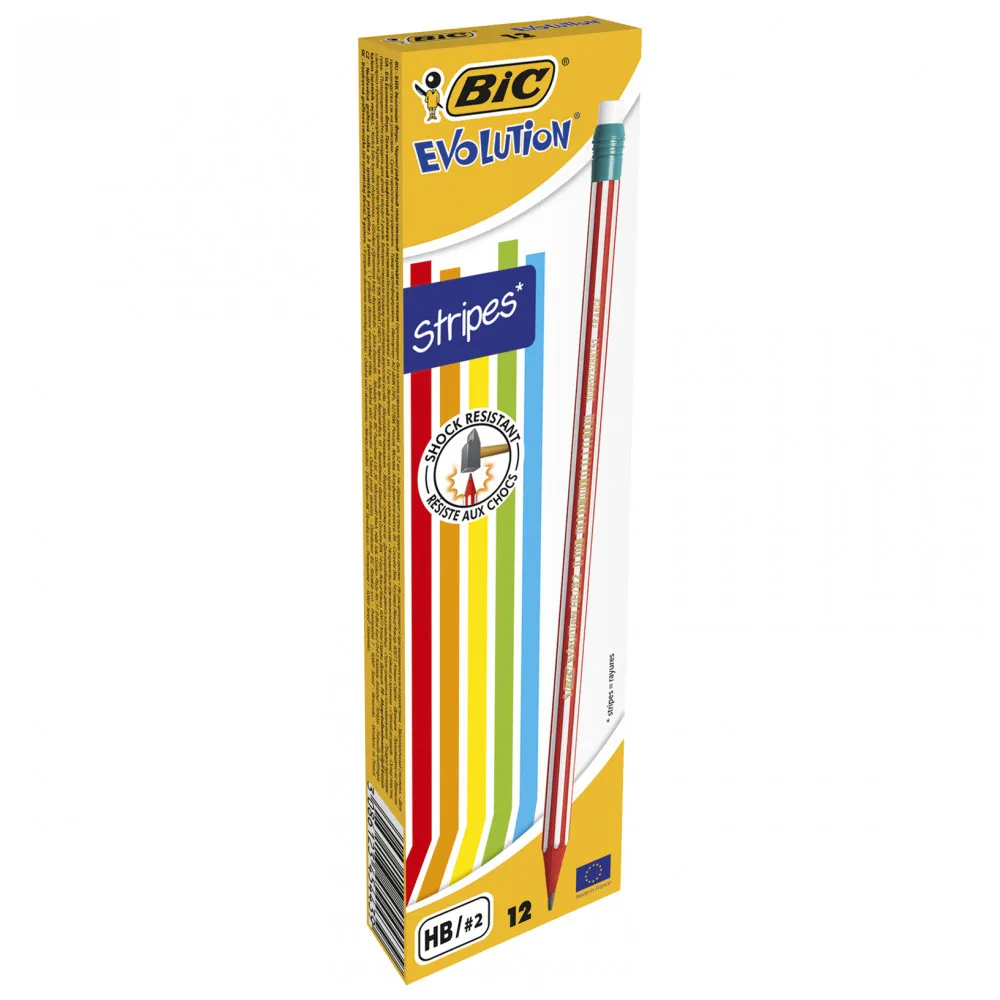 Карандаш чернографитовый c ластиком HB корпус с полосками BIC Evolution Stripes уп. 12 шт. |