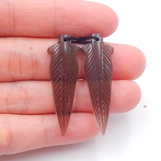 

New Arrival,Carved feather Smoky Quartz Flatback Gemstone Earrings bead 35x12x4mm,4.7g