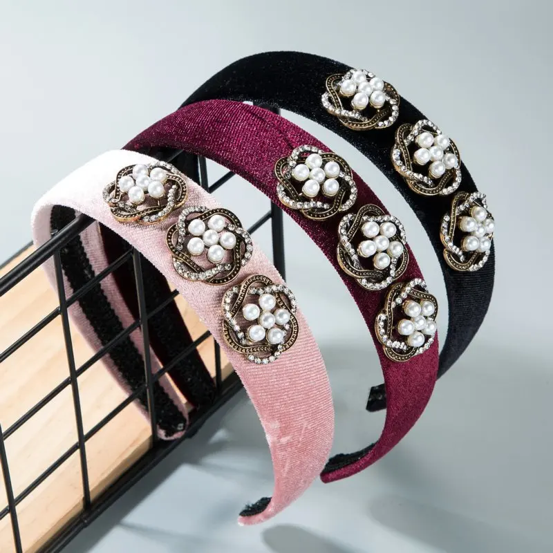 

Xugar Pearl Rhinestone Velvet Headband for Women Retro New Crystal Solid Color Hairband Bezel Wide Side Hair Accessories