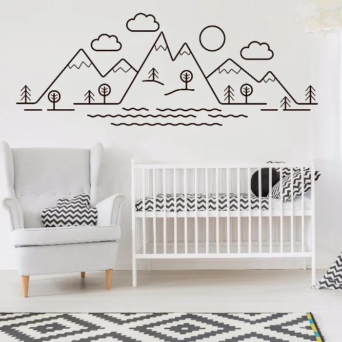 Simple Pattern Mountains tree cloud Wall Vinyl Decals Trees Clouds Wall Sticker Kids Baby Room Decor Nature Mountain Vinyl Mural