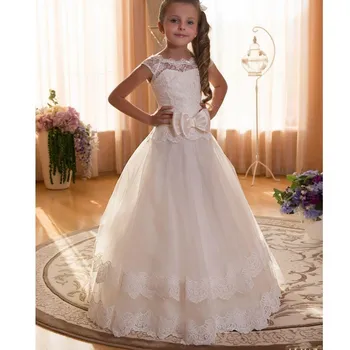 

In Stock Big Bow Lace Flower Girl Dresses Ankle Length Girls Pageant Dresses First Communion Dresses Wedding Party Dress
