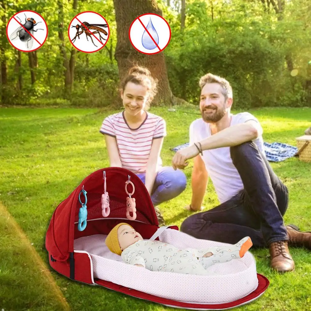 

Portable Bed With Toys For Baby Foldable Baby Bed Travel Sun Protection Mosquito Net Breathable Infant Sleeping Basket