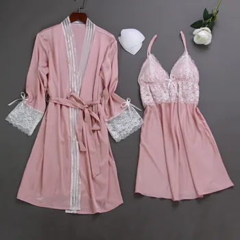 

2PCS Sleepwear Bride Bridesmaid Robe Satin Lace Patchwork Nightwear Women Intimate Lingerie Nighty&Robe Set Sexy Home Clothes