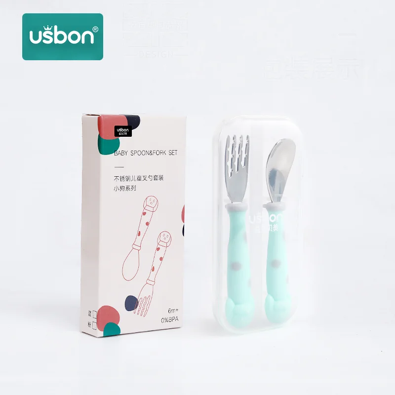 Usbon силиконовая детская ложка, набор ложек и вилок, коробка ложка для кормления из нержавеющей стали, Детские аксессуары для мелкой посуды