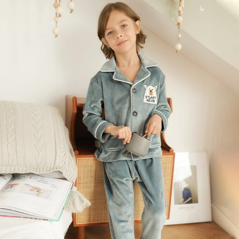 Blue gray Зимняя бархатная Пижама кораллового цвета для девочек; фланелевая Утепленная зимняя ночная рубашка для девочек-подростков; семейный пижамный комплект; комплект одежды для детей - Цвет: Blue gray