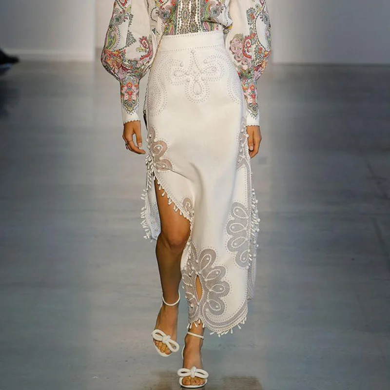 Осень, подиумная дизайнерская женская элегантная длинная юбка, вышивка бисером, белая юбка, винтажная Повседневная Женская юбка высокого качества