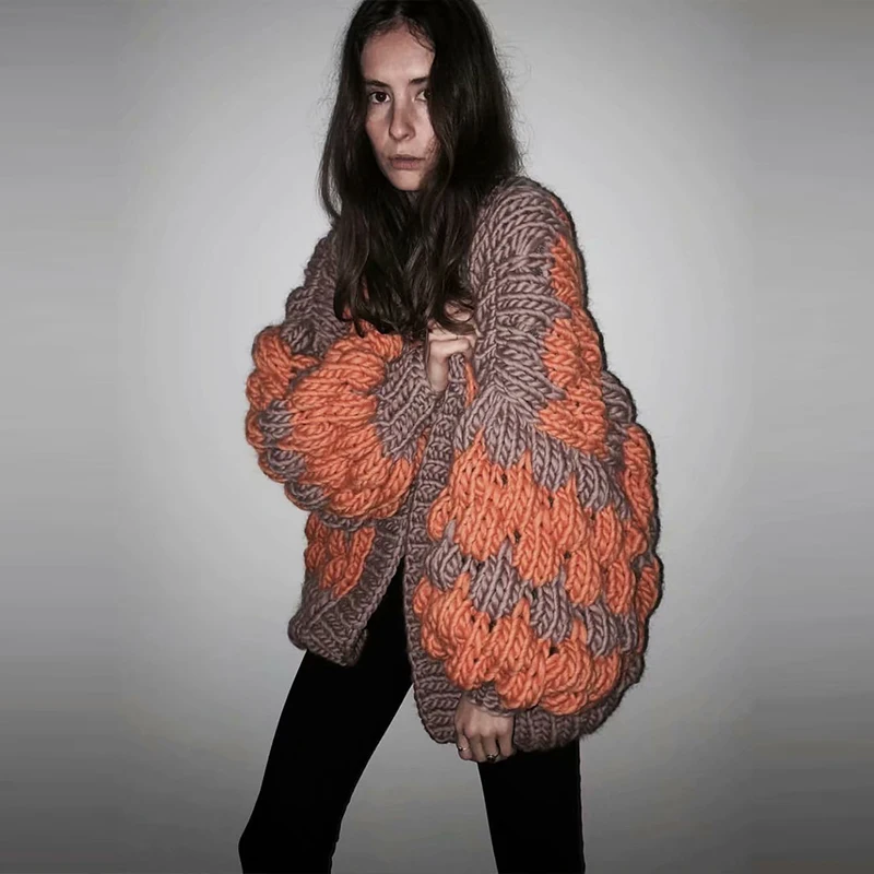 Pure manual mohair wave pattern coat high quality winter plus size cardigans patchwork orange handmade coat sweaters pink