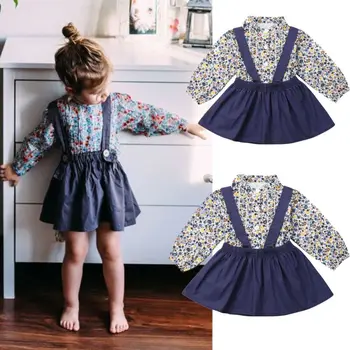 

Autumn 2Pcs Set Kids Baby Girls Floral Long Sleeve Button Tops+Strap Bib Skirt Princess Dress Outfits Clothes Set