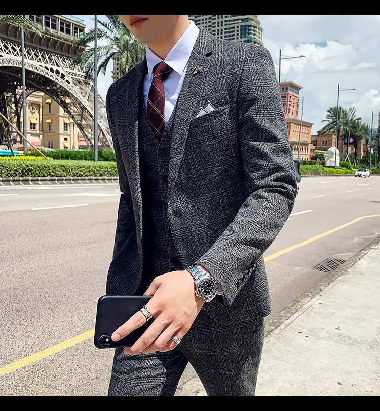 Бутик(Блейзер+ жилет+ брюки) Модный деловой мужской высококачественный трендовый Повседневный приталенный клетчатый Костюм Джентльмена в британском стиле