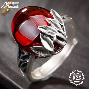 

S925 Fine Antique shop Ruby Rings Women Handmade Leaf Branch Natural Carnelian Retro Ruby red jasper Agate