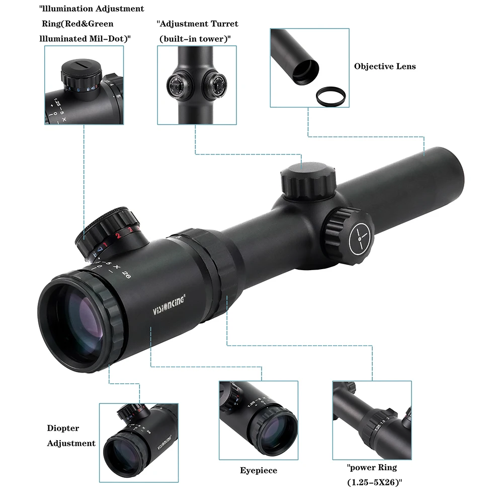 Visionking 1.25-5x26 Riflescopes Hunting Long Range 30mm Tube