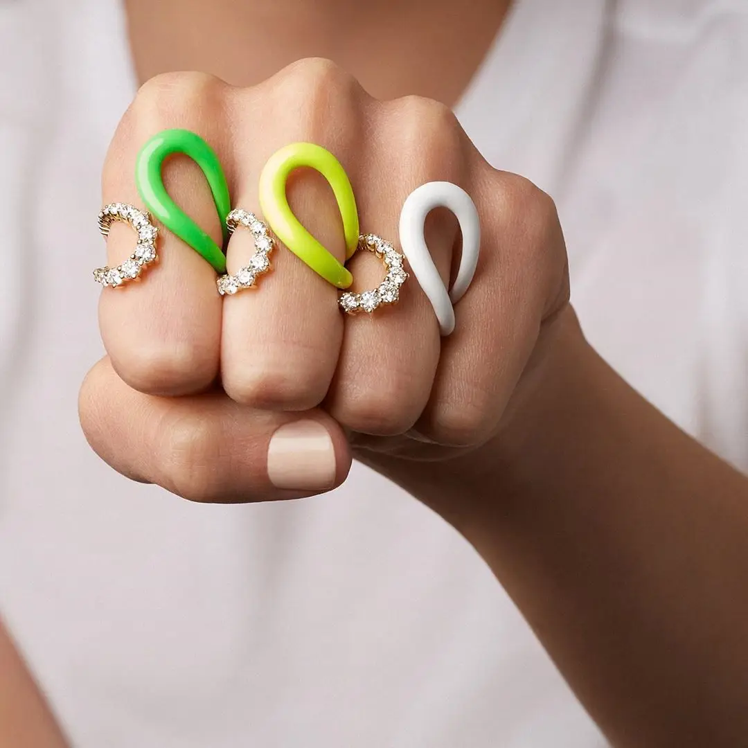 Open adjusted full finger ring for women gold color 5A cubic zirconia Neon enamel band rings