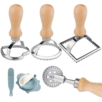

4Pcs Ravioli Maker Stamp Set - Ravioli/Pasta Cutter with Wooden Handle and Fluted Edge Crafted+Dumpling Maker As a Gift