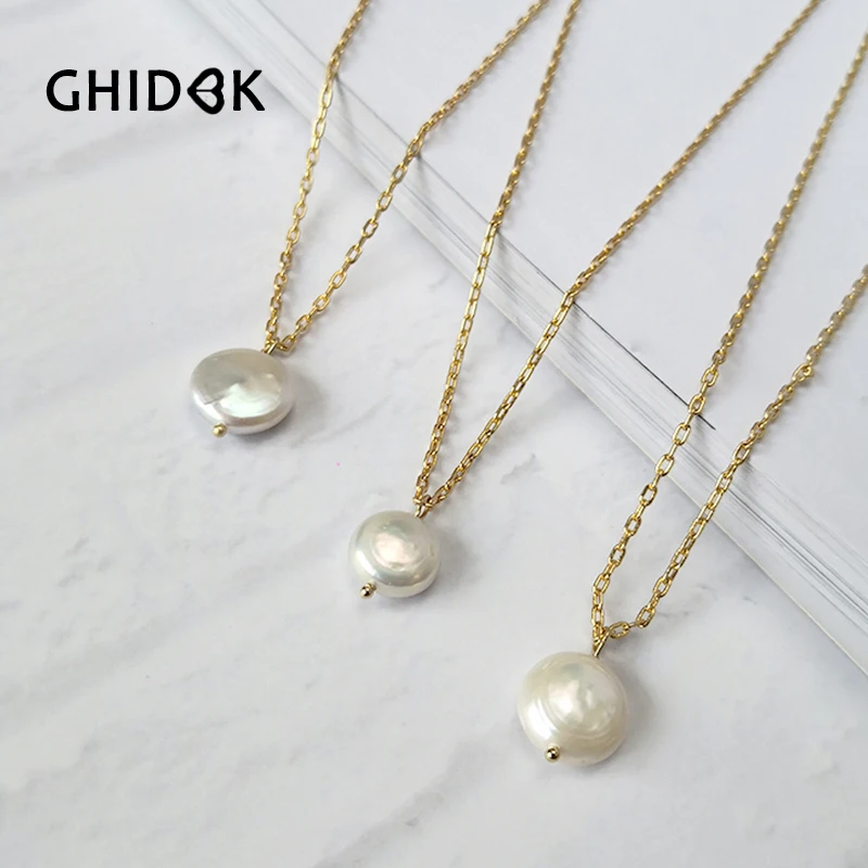 

GHIDBK Simple Oblate Freshwater Pearls Pendant Necklaces Handmade Minimalist Natural Pearl Charm Chokers Women Delicate Necklace
