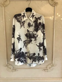 

B336 Printed silk twill fabric shirt Angel print 24 pearl buttons decorated