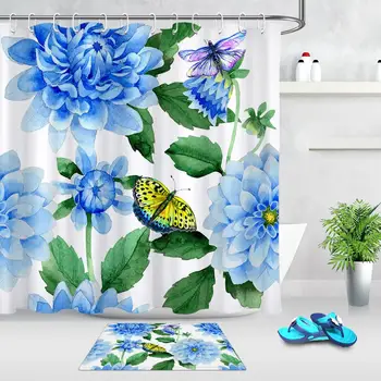 

Waterproof Polyester Fabric Bath Curtain Butterfly for Bathroom Curtain Blue Flowers Green Leaf Beach Shower Curtains with Hooks