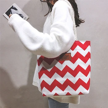 

Korean Fashion Canvas Bags Casual Wave Striped Canvas Bag Simple Shopping Handbag Large Capacity Classic Style Tote