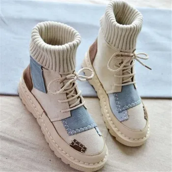 

Autumn and winter explosions suede canvas color matching wild high-top Wool mouthboots women shoes