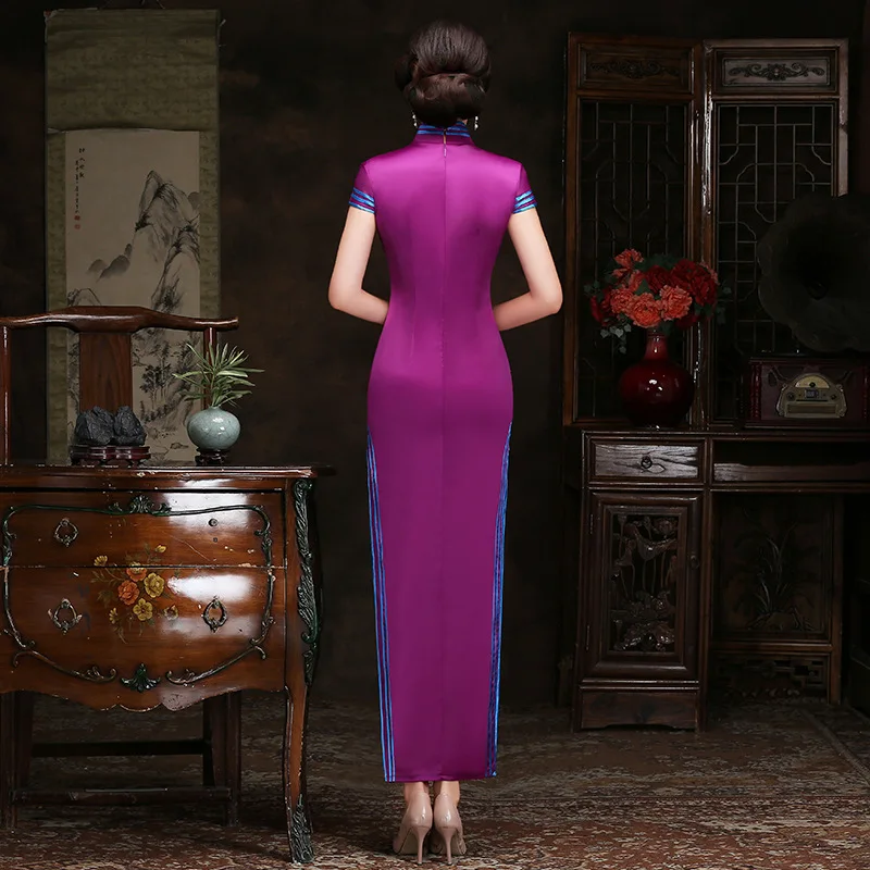 Purple Womens Short Sleeve Cheongsam Solid Long Party Dress Chinese Style Wedding Elegant Prom Qipao Gown Retro Vestido S-5XL