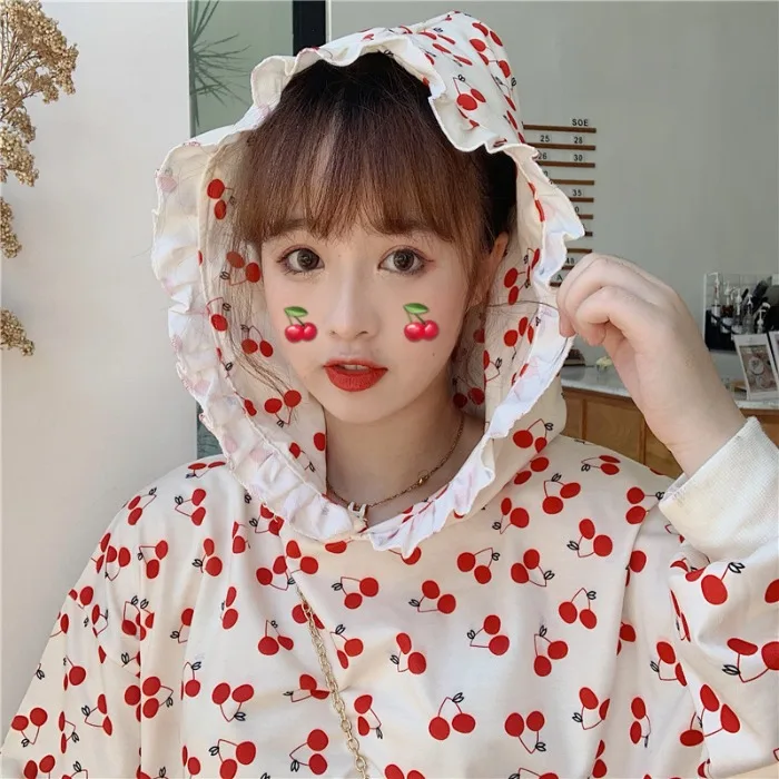 Корейская японская Лолита с оборками с капюшоном Kawaii милый Вишневый принт свободная Лолита Студенческая девушка Женская Толстовка Пуловер толстовки розовый