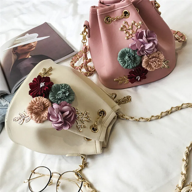 Women's Handmade Flowers Bucket Bag Shoulder Bag Crossbody Bags Pearl