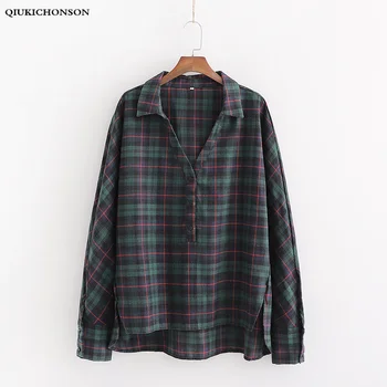 

Qiukichonson Low High Design Korean Fashion Plaid Women Blouses 2020 Spring V-Neck Long Sleeve Casual Plus Size Shirts