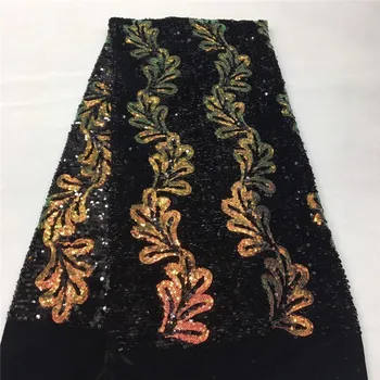 

Black /gold Latest French Nigerian Velvet Laces Fabrics High Quality sequins Tulle African Laces Fabric for Wedding dress