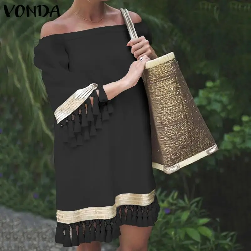 VONDA, женское сексуальное винтажное однотонное вечернее платье с открытыми плечами, женское элегантное праздничное мини-платье, повседневное свободное Vestidos 5XL