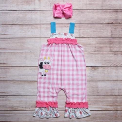 Vêtements d'été pour filles, barboteuse à carreaux rose, sans manches, bleu, motif brodé de vache, barboteuse pour bébés 