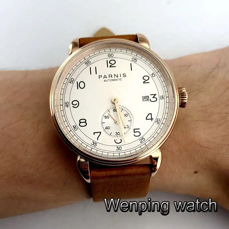 

Parnis new 2019 42mm mens top luxury mechanical watch rose gold watch case white dial date leather automatic man watch