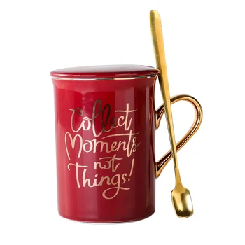 

Mug Creative Gold Handle Ceramic Cup Mug With Lip Spoon Printed Letter Coffee Cup Wedding Hand Companion